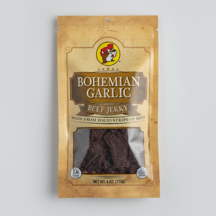 Package of Bohemian Garlic Beef Jerky on a granite surface