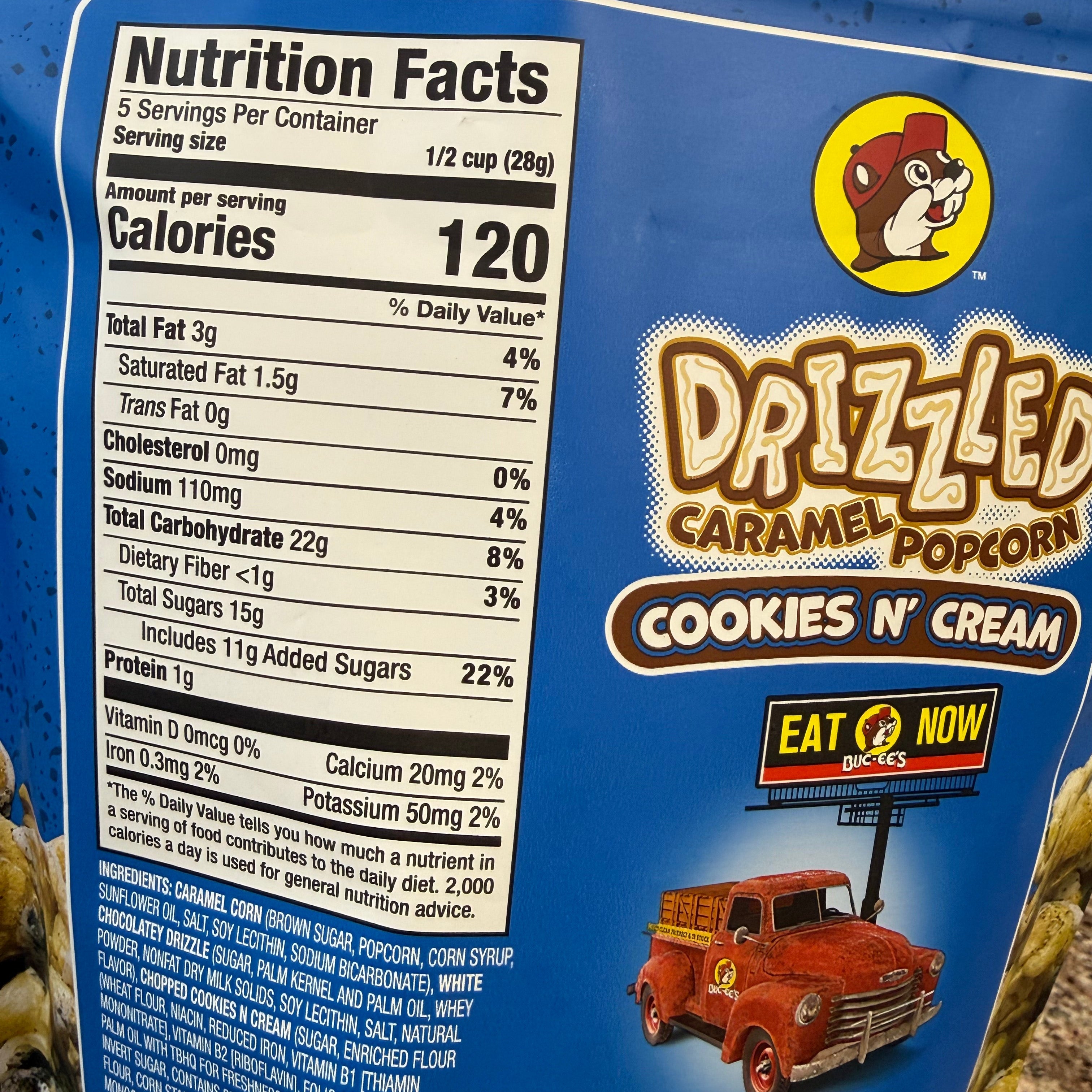 Popcorn bag with 'Drizzled Caramel' flavor and nutrition facts label.