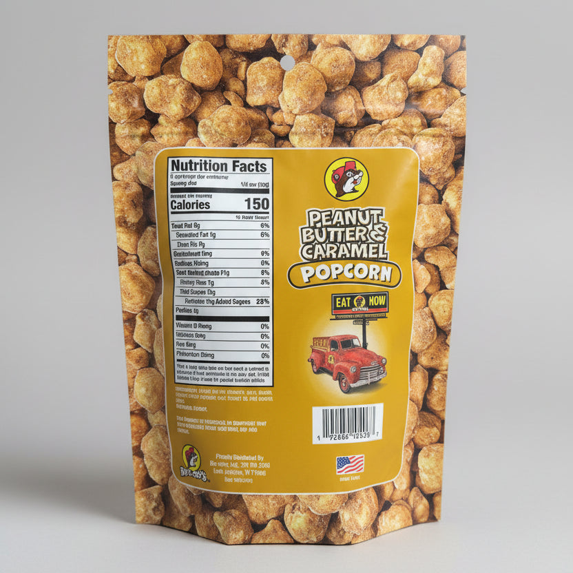 Bag of Popcorn Time caramel popcorn on a kitchen counter