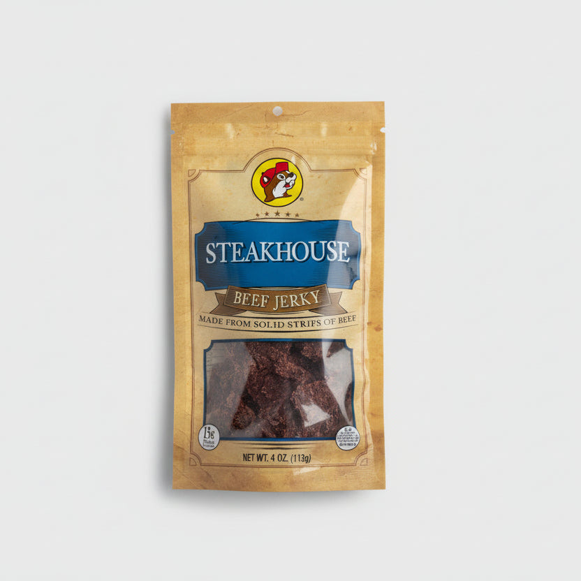 Package of Steakhouse Beef Jerky on a speckled countertop